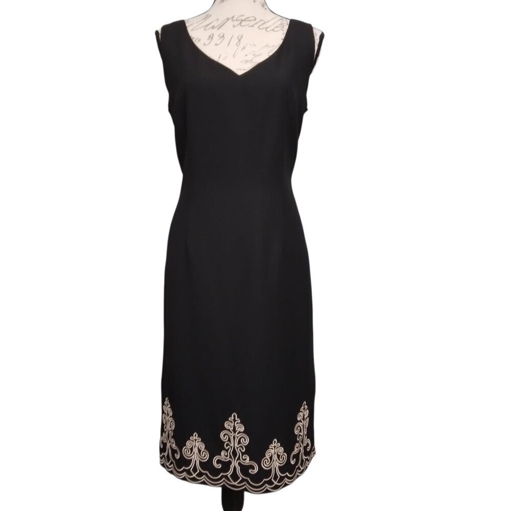 Positive Attitude | Sleeveless Sheath Dress Black Crepe Floral Embroidery| Sz 12